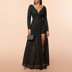 Elegant Dress Deep V Plunge Mesh Sequ Long Sleeve Cocktail Dress