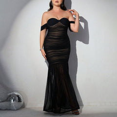 Popular Plus Size off Shoulder Mesh Sheath Evening Dress