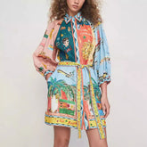 Printed 3/4 Sleeves Lace up Dress Casual Loose