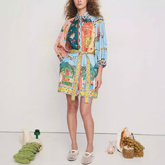 Vestido casual holgado con mangas 3/4 y cordones estampado