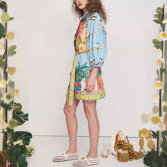 Vestido casual holgado con mangas 3/4 y cordones estampado