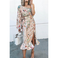 Slant Shoulder Split Dress Casual Loose Vacation Dress