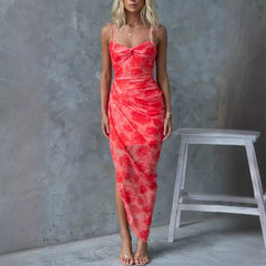 Suspender Floral Print Slit Dress Casual Vacation Loose Dress