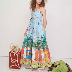 Suspender Printed Pocket Dress Casual Loose Vacation Dress