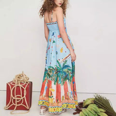 Suspender Printed Pocket Dress Casual Loose Vacation Dress