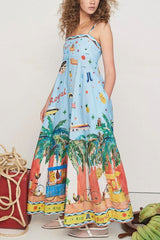 Suspender Printed Pocket Dress Casual Loose Vacation Dress