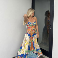 Suspender Printed Pocket Dress Casual Loose Vacation Dress