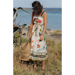 Suspender Printing Pleated Dress Loose Casual Holiday Dress