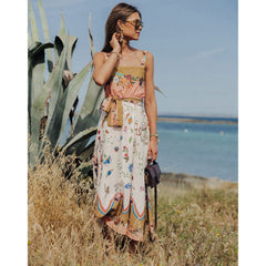 Suspender Printing Pleated Dress Loose Casual Holiday Dress