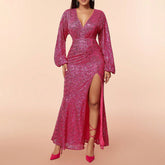 Elegant Dress Sequ Deep V Plunge Split Long Sleeve Maxi Dress