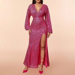 Elegant Dress Sequ Deep V Plunge Split Long Sleeve Maxi Dress