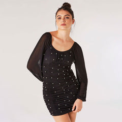 Fashionable Elegant Dress Mesh Pleated Backless Bead Long Sleeve Dress