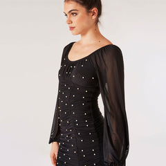 Fashionable Elegant Dress Mesh Pleated Backless Bead Long Sleeve Dress