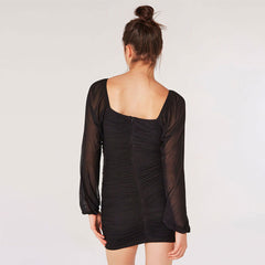 Fashionable Elegant Dress Mesh Pleated Backless Bead Long Sleeve Dress