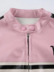 Gestreifte, kontrastfarbene Spleiß-Lederjacke