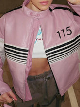 Chaqueta de cuero con empalme de color en contraste a rayas