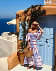 Casual Short Sleeve Striped off-Shoulder Large Swing Maxi Dress