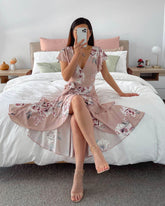 Casual Short Sleeve Digital Printed V-neck Asymmetric Dress