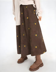 Sunflower Embroidered Corduroy Maxi Skirt