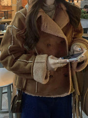 Vintage Braune Lammwolle Splice Kurze Jacke