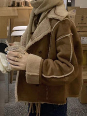 Vintage Braune Lammwolle Splice Kurze Jacke