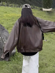 Vintage Braune Lederjacke mit Reverskragen und Reißverschluss