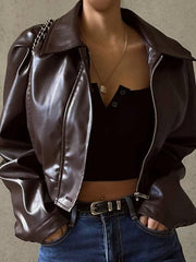 Vintage Braune Revershals-Reißverschluss-Kurzjacke