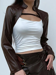 Vintage Braune Leder Ultrakurze Slim Jacke