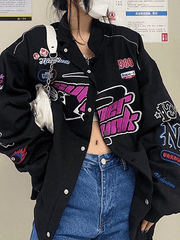 Chaqueta universitaria de motociclista vintage con botones y bordado