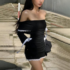 Minivestido de pana con lazo y hombros descubiertos Y2K