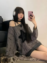 Y2K Grunge Star Distressed Pullover