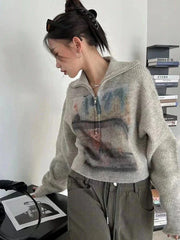 Y2K Halbreißverschluss-Strickpullover