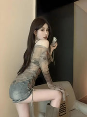 Y2K Off Shoulder Asymmetrisches Top