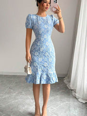 Flattering Slim Fit Flower Textured Puff Sleeves Bodycon Midi Dress