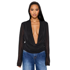 Deep V-neck Chiffon Long-Sleeved Top