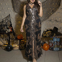 plus Size Sequined Embroidered Sleeveless Evening Dress