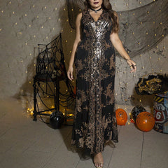 plus Size Sequined Embroidered Sleeveless Evening Dress