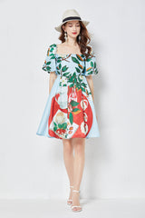 Vestido ajustado de cintura alta con mangas abullonadas tridimensionales, cuello cuadrado y estampado de posicionamiento