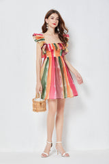 Rainbow Striped Crystal Yarn Square Neck Strapless Dress Slim Gathered High Waist Yarn Dress