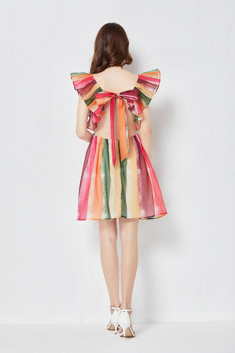 Rainbow Striped Crystal Yarn Square Neck Strapless Dress Slim Gathered High Waist Yarn Dress