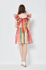 Rainbow Striped Crystal Yarn Square Neck Strapless Dress Slim Gathered High Waist Yarn Dress