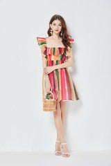 Rainbow Striped Crystal Yarn Square Neck Strapless Dress Slim Gathered High Waist Yarn Dress