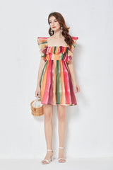 Rainbow Striped Crystal Yarn Square Neck Strapless Dress Slim Gathered High Waist Yarn Dress
