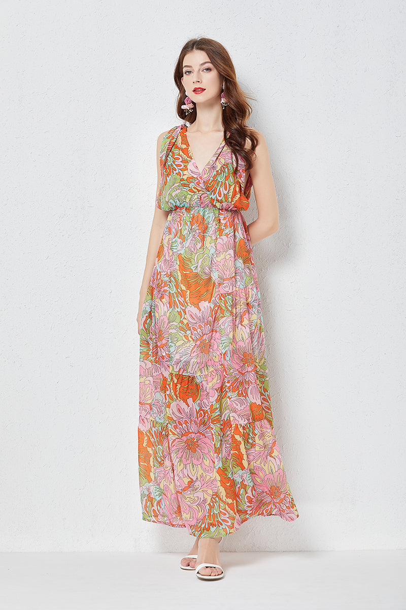 Bow Tie Tencel Sling Dress Printed Swing High Waist Slim Dress