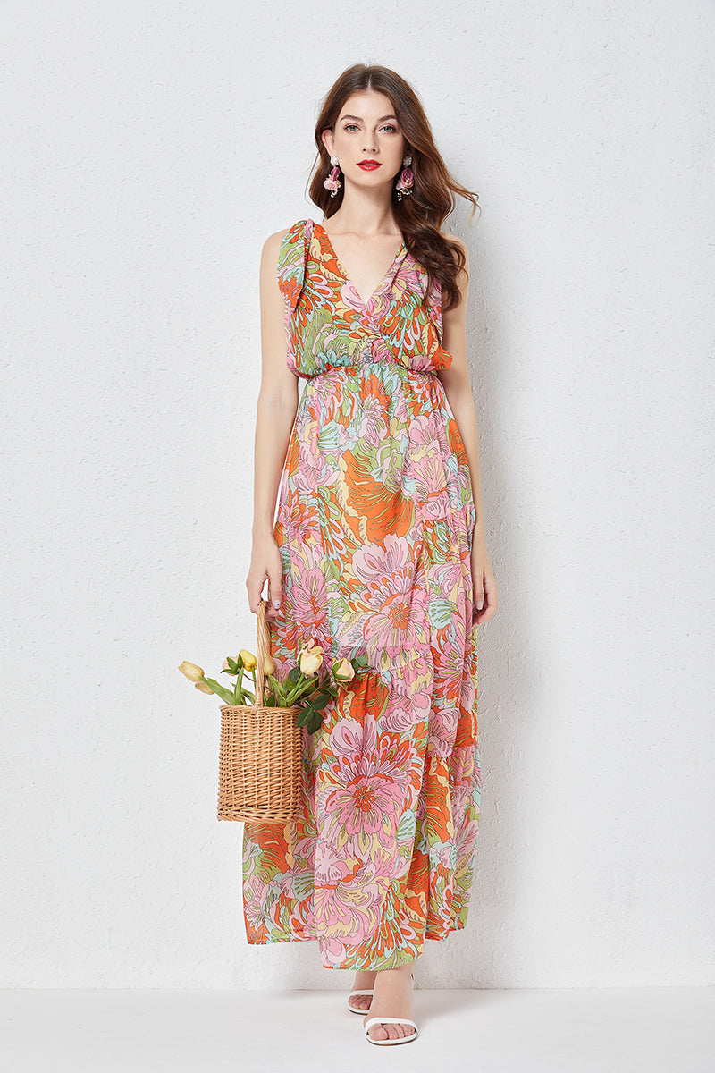 Bow Tie Tencel Sling Dress Printed Swing High Waist Slim Dress