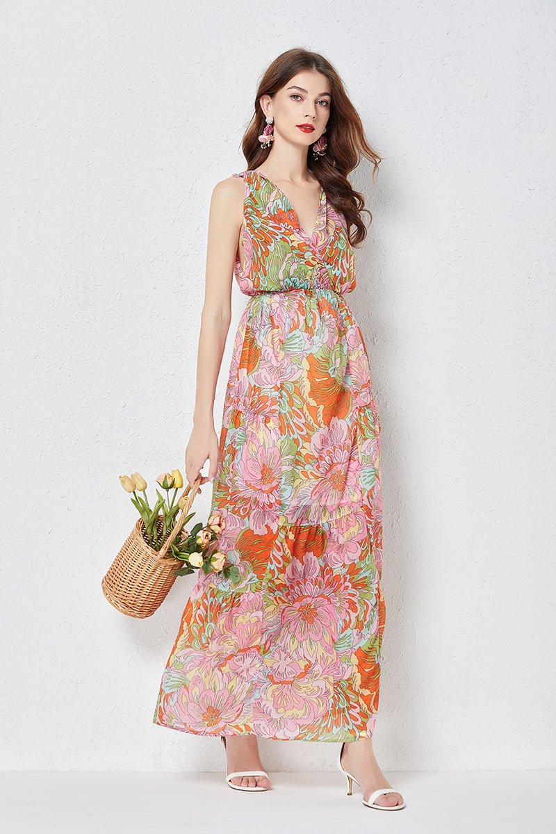 Bow Tie Tencel Sling Dress Printed Swing High Waist Slim Dress