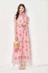 Vestido de hada de seda sintética, ligero, elegante, con vuelo grande, cintura elástica, vestido largo, estampado rosa, bufanda de seda.