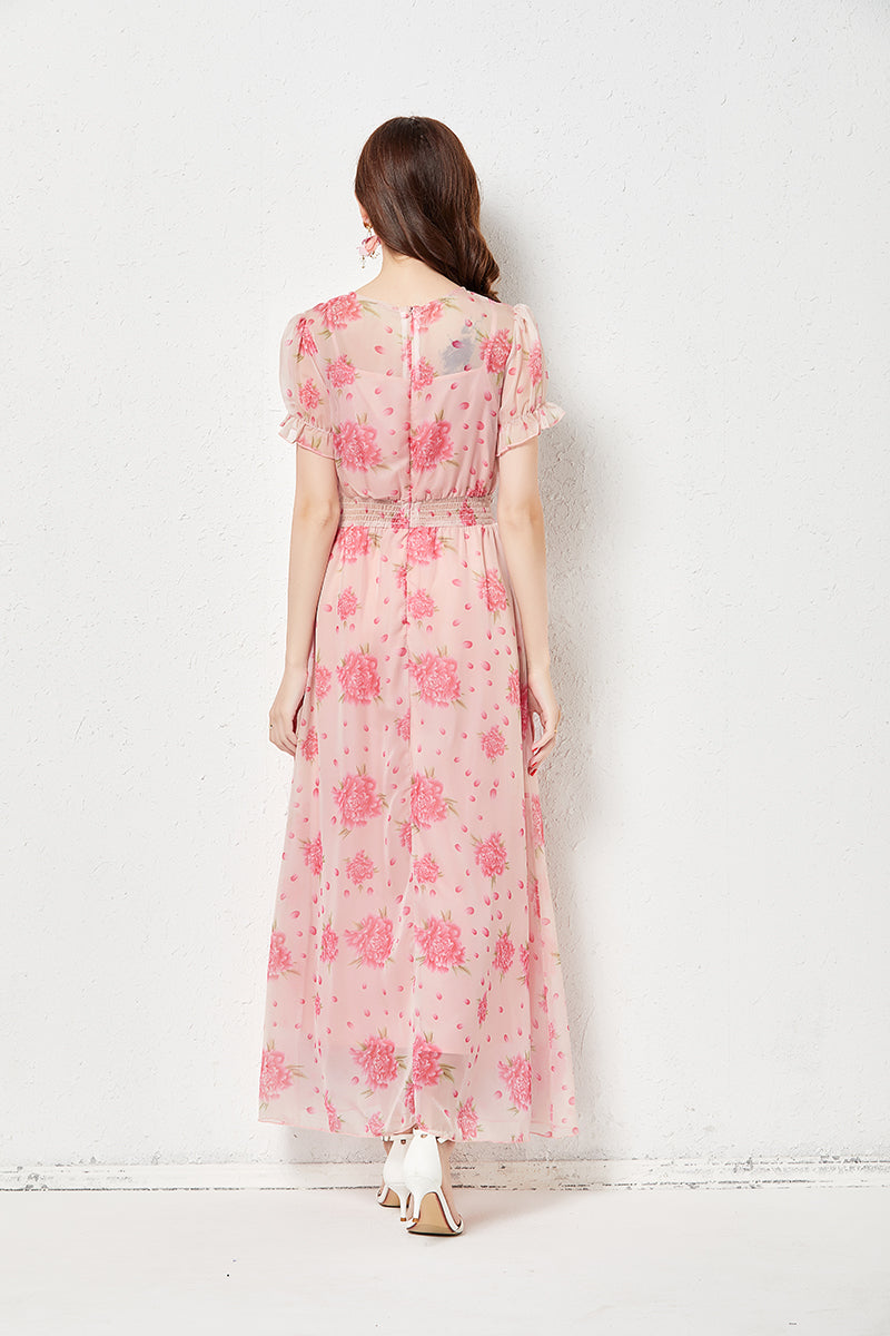 Vestido de hada de seda sintética, ligero, elegante, con vuelo grande, cintura elástica, vestido largo, estampado rosa, bufanda de seda.