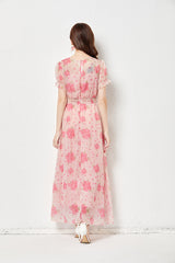 Vestido de hada de seda sintética, ligero, elegante, con vuelo grande, cintura elástica, vestido largo, estampado rosa, bufanda de seda.
