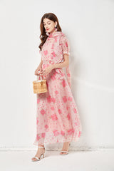 Vestido de hada de seda sintética, ligero, elegante, con vuelo grande, cintura elástica, vestido largo, estampado rosa, bufanda de seda.